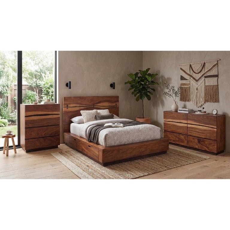 English Elm Ashcombe Smokey Walnut Queen Bedroom Set with Storage Bed Dresser and Chest B2777S00410