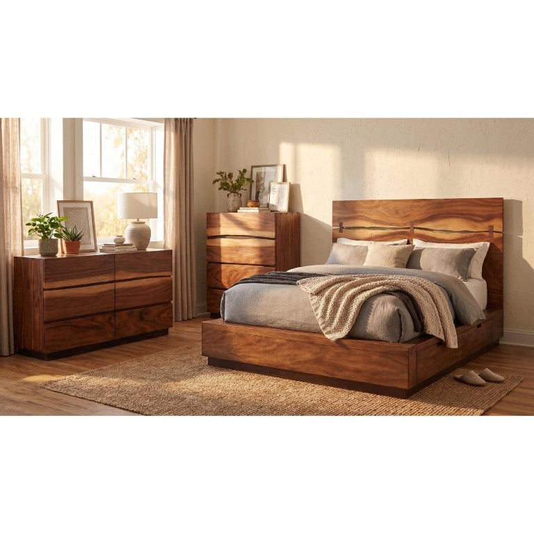 English Elm Ashcombe Smokey Walnut King Bedroom Set with Live Edge Storage Bed Dresser Chest B2777S00411