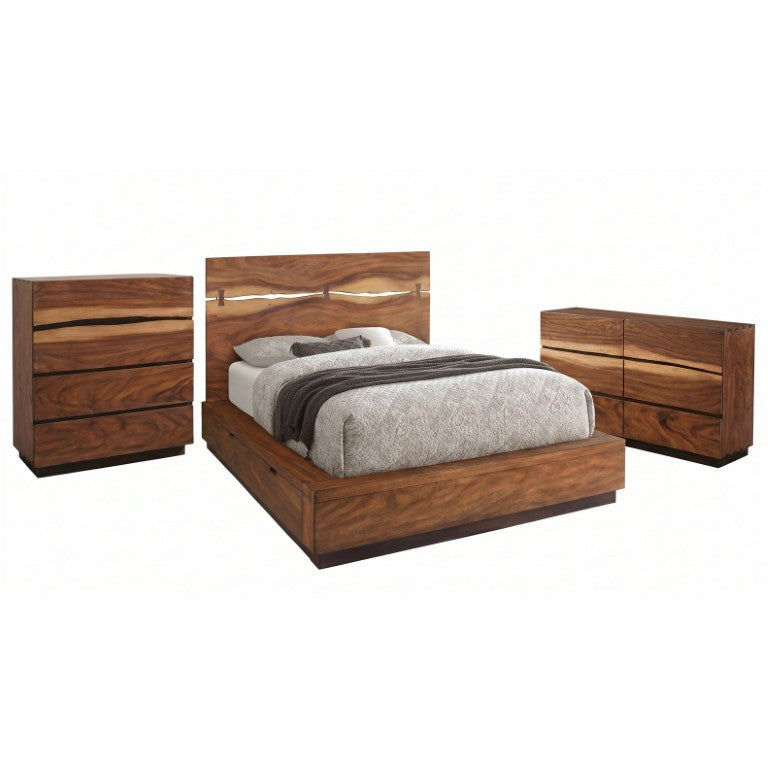 English Elm Ashcombe Smokey Walnut King Bedroom Set with Live Edge Storage Bed Dresser Chest B2777S00411