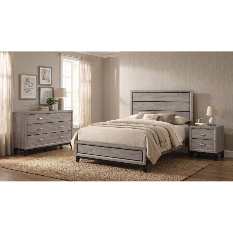 English Elm Sutter Queen Panel Bedroom Set with Groove Detailing Taupe Finish Nickel Hardware B2777S00412