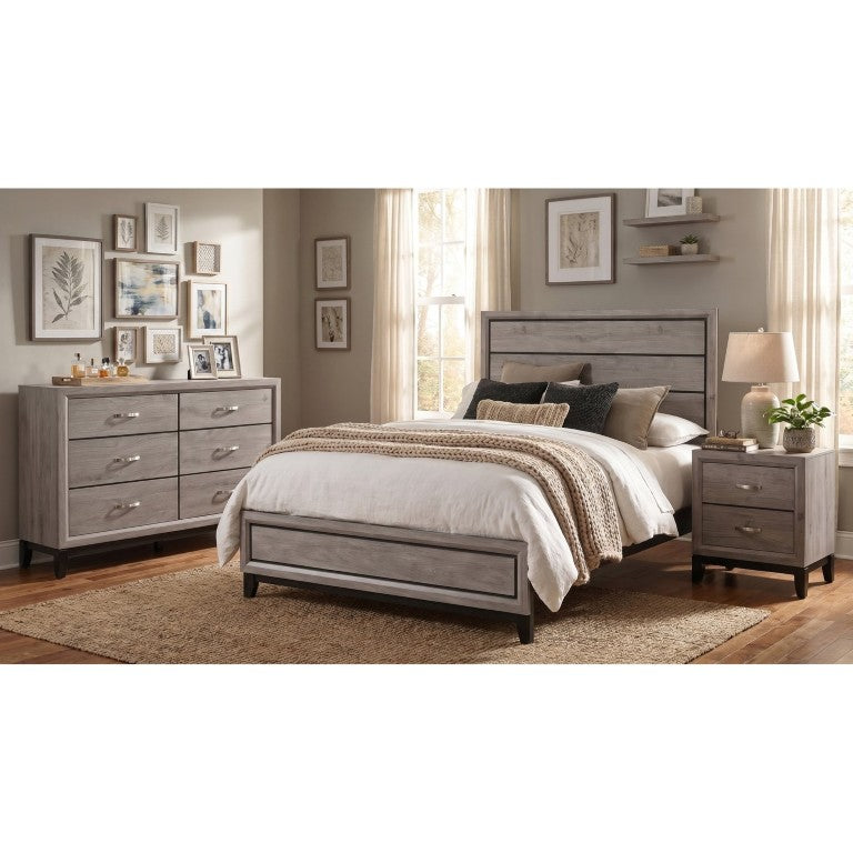 English Elm Sutter Queen Panel Bedroom Set with Groove Detailing Taupe Finish Nickel Hardware B2777S00412