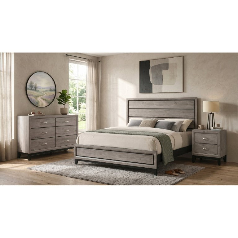 English Elm Sutter Taupe Panel Bedroom Set with Groove Detailing Nickel Hardware and Six Drawer Dresser B2777S00413