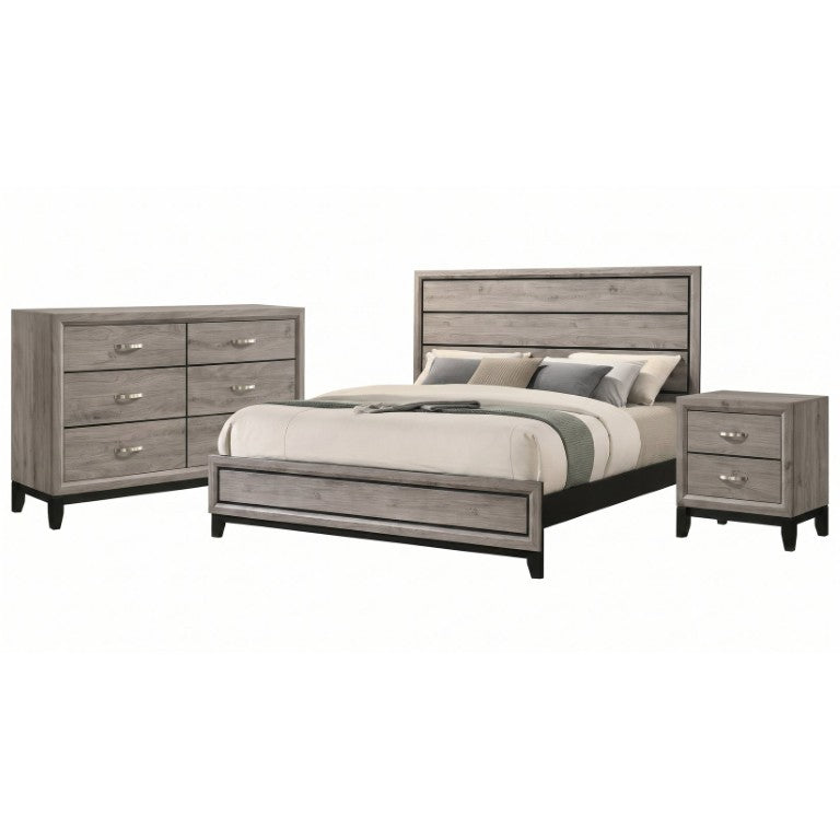 English Elm Sutter Taupe Panel Bedroom Set with Groove Detailing Nickel Hardware and Six Drawer Dresser B2777S00413