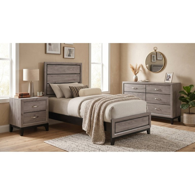 English Elm Sutter Twin Panel Bed Set with Grooved Headboard Dresser and Nightstand in Taupe B2777S00415