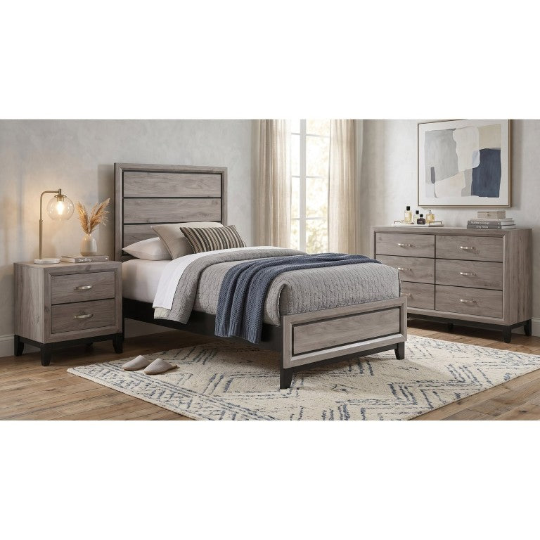 English Elm Sutter Twin Panel Bed Set with Grooved Headboard Dresser and Nightstand in Taupe B2777S00415
