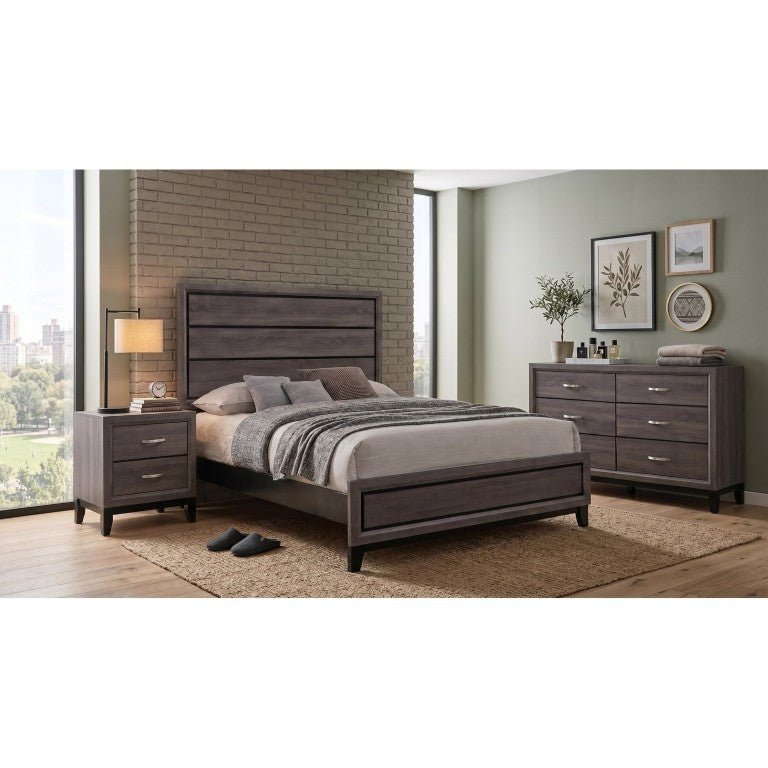 English Elm Sutter Queen Panel Bedroom Set with Grey Oak Finish Groove Detailing and Nickel Hardware B2777S00416