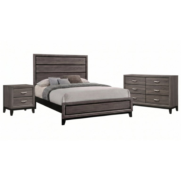 English Elm Sutter Queen Panel Bedroom Set with Grey Oak Finish Groove Detailing and Nickel Hardware B2777S00416