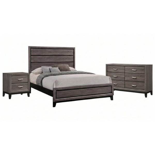 English Elm Sutter Queen Panel Bedroom Set with Grey Oak Finish Groove Detailing and Nickel Hardware B2777S00416