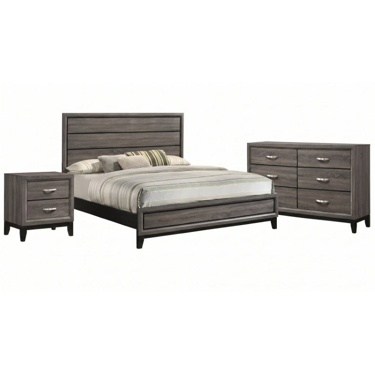 English Elm Sutter Grey Oak Eastern King Bedroom Set with Panel Bed Dresser and Nightstand B2777S00417