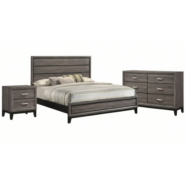 English Elm Sutter Grey Oak Eastern King Bedroom Set with Panel Bed Dresser and Nightstand B2777S00417