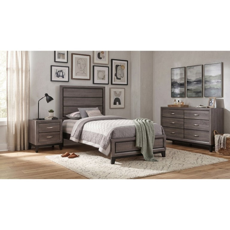 English Elm Sutter Grey Oak Twin Bedroom Set with Panel Bed Nightstand and Six Drawer Dresser B2777S00419