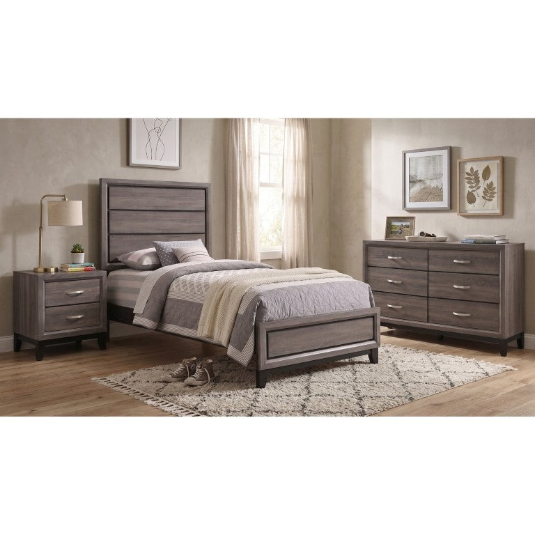 English Elm Sutter Grey Oak Twin Bedroom Set with Panel Bed Nightstand and Six Drawer Dresser B2777S00419