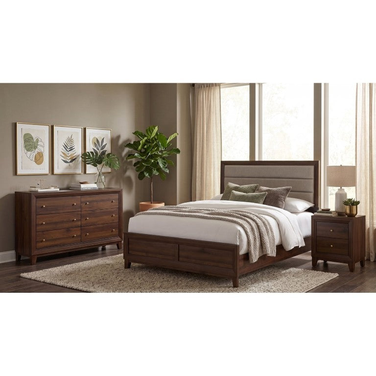 English Elm Ashworth Walnut Laminate Queen Bedroom Set with Taupe Headboard and Gold Knobs B2777S00420