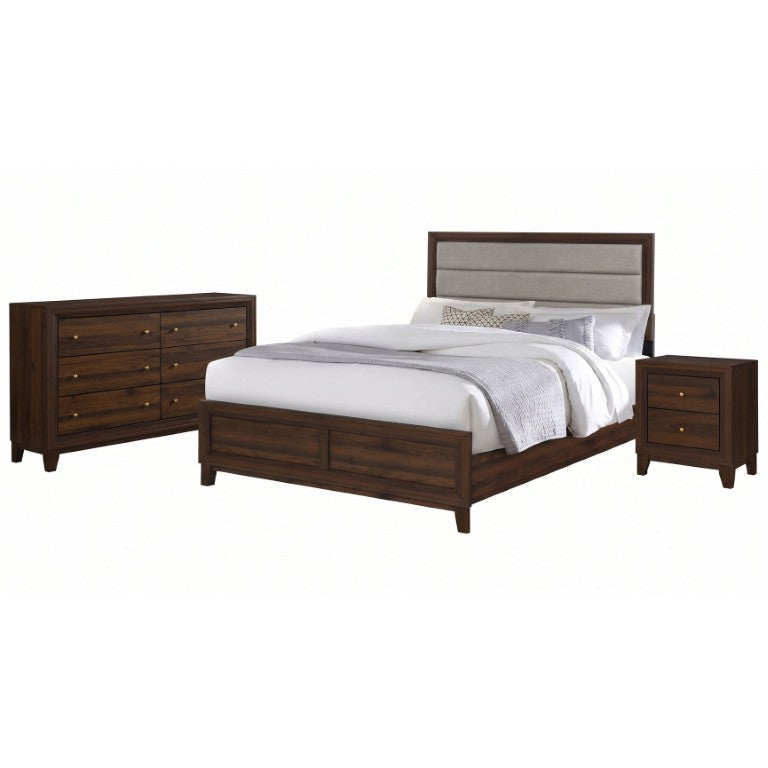 English Elm Ashworth Walnut Laminate Queen Bedroom Set with Taupe Headboard and Gold Knobs B2777S00420