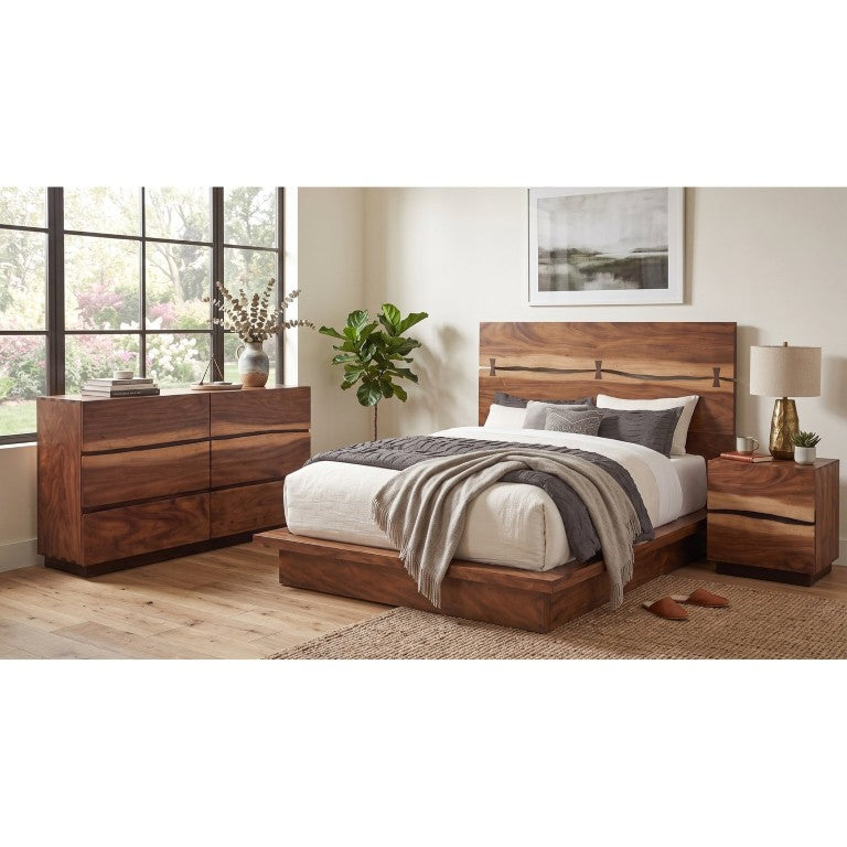 English Elm Ashcombe Smokey Walnut Queen Bedroom Set with Live Edge Headboard and Bowtie Inlays B2777S00422