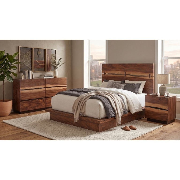 English Elm Ashcombe Smokey Walnut Queen Bedroom Set with Live Edge Headboard and Bowtie Inlays B2777S00422