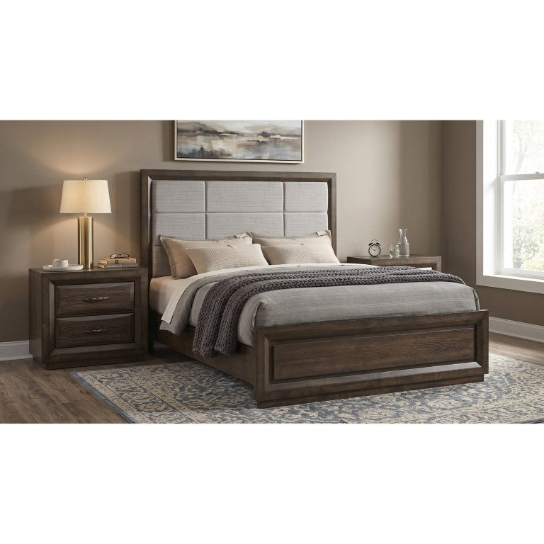 English Elm Meridian Queen Bedroom Set with Upholstered Headboard Dark Oak Finish Nightstands B2777S00430