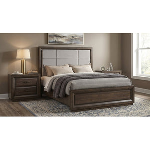 English Elm Meridian Queen Bedroom Set with Upholstered Headboard Dark Oak Finish Nightstands B2777S00430