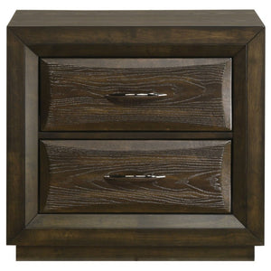 English Elm Meridian Queen Bedroom Set with Upholstered Headboard Dark Oak Finish Nightstands B2777S00430