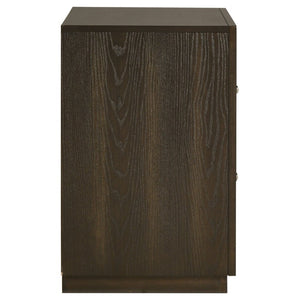 English Elm Meridian Queen Bedroom Set with Upholstered Headboard Dark Oak Finish Nightstands B2777S00430