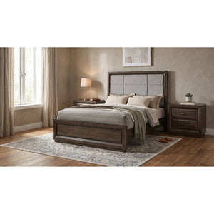 English Elm Meridian Queen Bedroom Set with Upholstered Headboard Dark Oak Finish Nightstands B2777S00430
