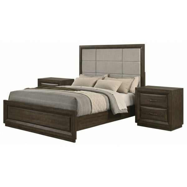 English Elm Meridian Queen Bedroom Set with Upholstered Headboard Dark Oak Finish Nightstands B2777S00430