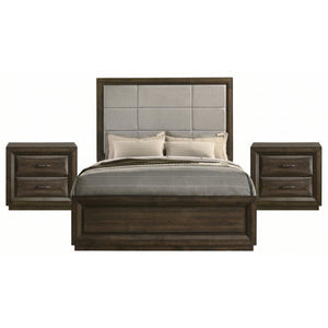 English Elm Meridian Queen Bedroom Set with Upholstered Headboard Dark Oak Finish Nightstands B2777S00430