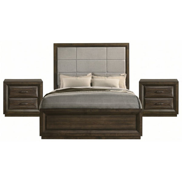 English Elm Meridian Queen Bedroom Set with Upholstered Headboard Dark Oak Finish Nightstands B2777S00430