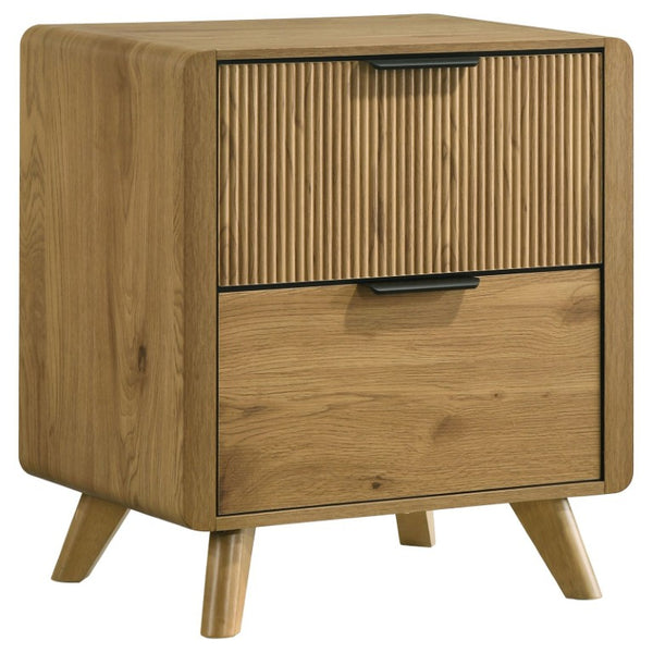 English Elm Sinclair Queen Bedroom Set with Oak Finish Upholstered Headboard and Reeded Nightstands B2777S00433