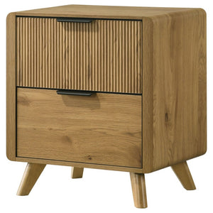 English Elm Sinclair Queen Bedroom Set with Oak Finish Upholstered Headboard and Reeded Nightstands B2777S00433