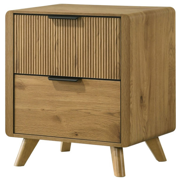 English Elm Sinclair Queen Bedroom Set with Oak Finish Upholstered Headboard and Reeded Nightstands B2777S00433