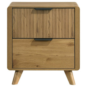 English Elm Sinclair Queen Bedroom Set with Oak Finish Upholstered Headboard and Reeded Nightstands B2777S00433