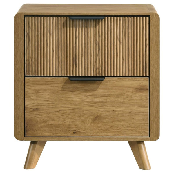 English Elm Sinclair Queen Bedroom Set with Oak Finish Upholstered Headboard and Reeded Nightstands B2777S00433