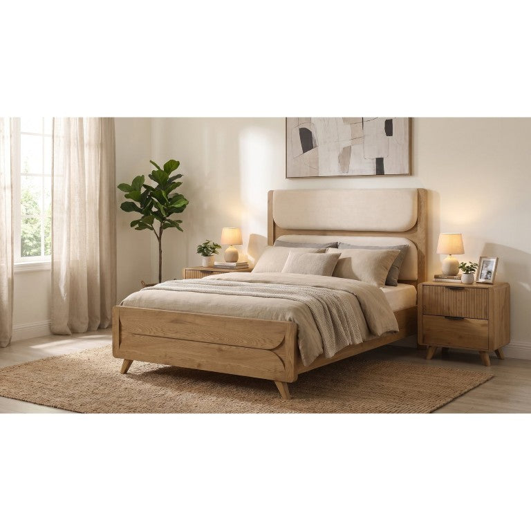 English Elm Sinclair Queen Bedroom Set with Oak Finish Upholstered Headboard and Reeded Nightstands B2777S00433