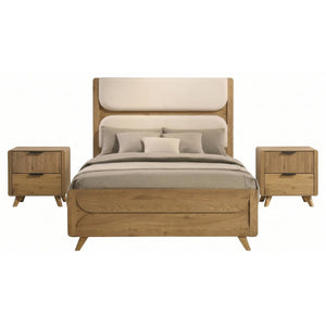 English Elm Sinclair Queen Bedroom Set with Oak Finish Upholstered Headboard and Reeded Nightstands B2777S00433