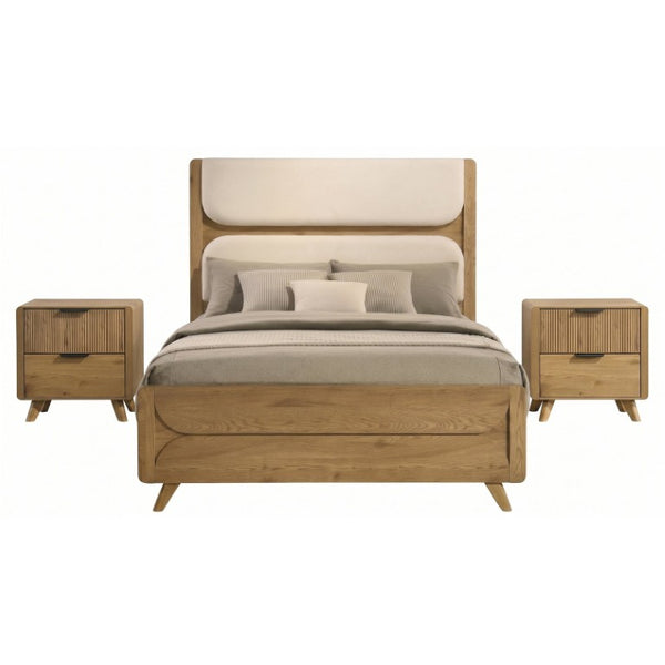 English Elm Sinclair Queen Bedroom Set with Oak Finish Upholstered Headboard and Reeded Nightstands B2777S00433