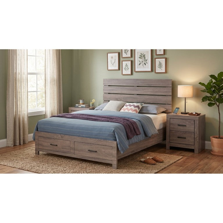 English Elm Kingsley Queen Platform Bedroom Set with Slatted Headboard and Warm Oak Finish B2777S00434