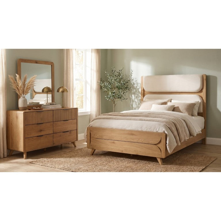 English Elm Sinclair Queen Bedroom Set with Oak Finish Upholstered Bed Six Drawer Dresser Mirror B2777S00448