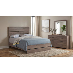 English Elm Kingsley Queen Panel Bed Dresser and Mirror Set in Warm Barrel Oak Grain Finish B2777S00449