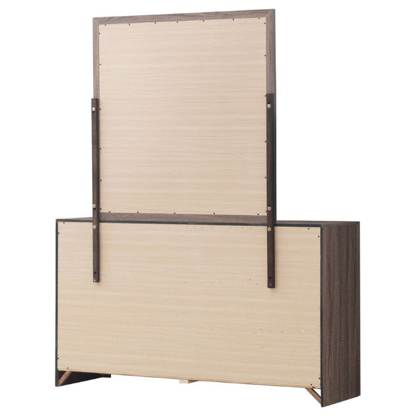 English Elm Kingsley Queen Panel Bed Dresser and Mirror Set in Warm Barrel Oak Grain Finish B2777S00449