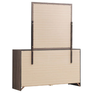 English Elm Kingsley Queen Panel Bed Dresser and Mirror Set in Warm Barrel Oak Grain Finish B2777S00449