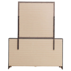 English Elm Kingsley Queen Panel Bed Dresser and Mirror Set in Warm Barrel Oak Grain Finish B2777S00449