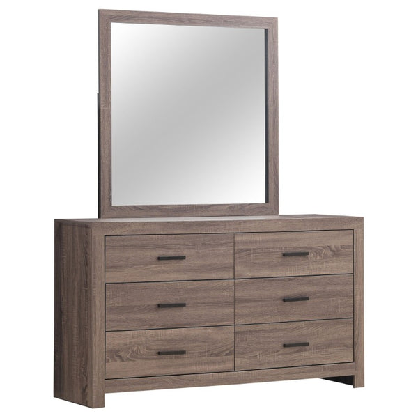 English Elm Kingsley Queen Panel Bed Dresser and Mirror Set in Warm Barrel Oak Grain Finish B2777S00449