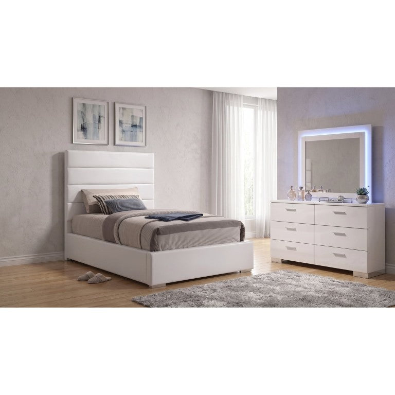 English Elm Genevieve Twin Platform Bed Set with LED Mirror and Faux Leather Tufted Headboard B2777S00466