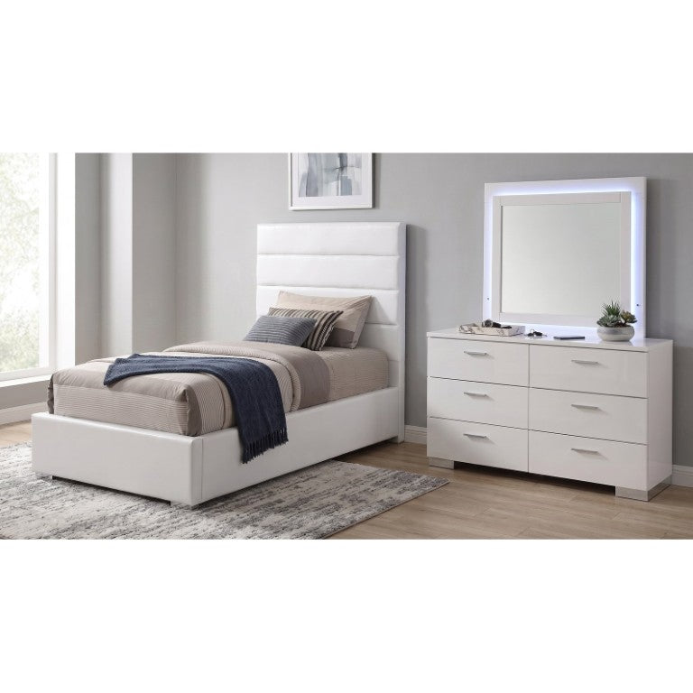 English Elm Genevieve Twin Platform Bed Set with LED Mirror and Faux Leather Tufted Headboard B2777S00466