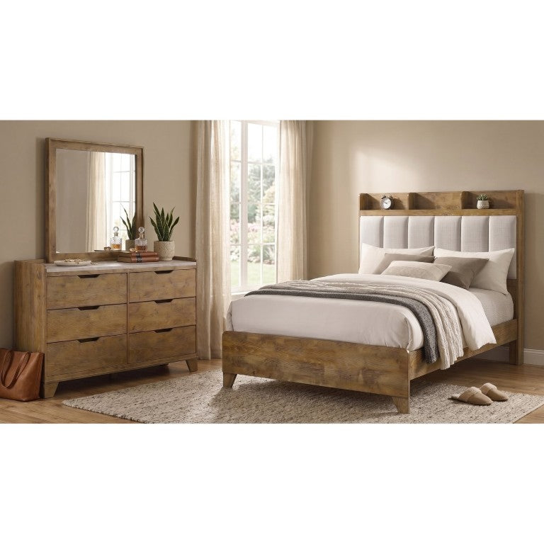English Elm Whitfield Queen Bedroom Set Oak Finish Bookcase Headboard Dresser and Mirror Included B2777S00478