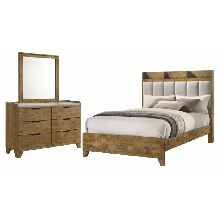 English Elm Whitfield Queen Bedroom Set Oak Finish Bookcase Headboard Dresser and Mirror Included B2777S00478