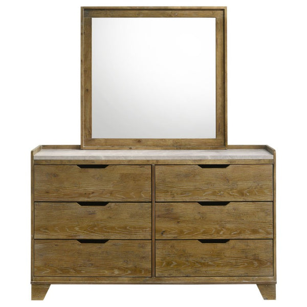 English Elm Whitfield Queen Bedroom Set Oak Finish Bookcase Headboard Dresser and Mirror Included B2777S00478