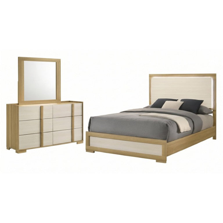 English Elm Highmoor Natural Wood Queen Bedroom Set with LED Headboard and Six Drawer Dresser B2777S00481
