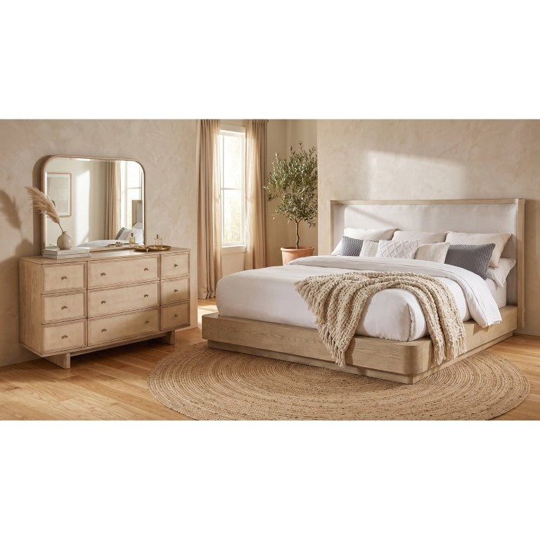 English Elm Malani Queen Platform Bedroom Set Oak Veneer Wingback Headboard Antique Brass B2777S00483